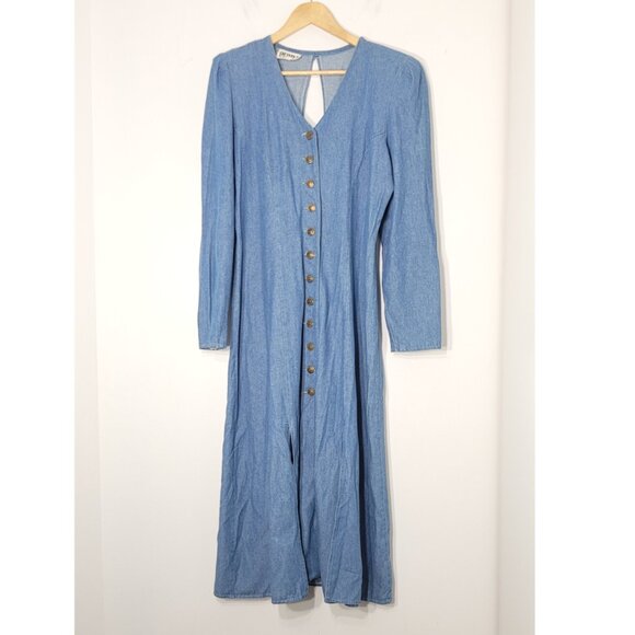 Vintage Dresses & Skirts - Pranx Vintage Blue Long Sleeve V-Neck Button Front Denim Maxi Dress Cottagecore